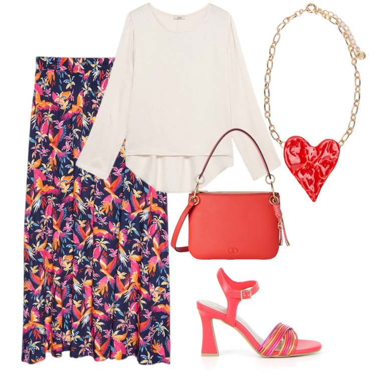 Outfit donna - Cuore rosso. Stile Trendy per Tutti i giorni. Abbinamento con gonne lunghe, sandali col tacco, bluse, ciondoli, borse a tracolla.