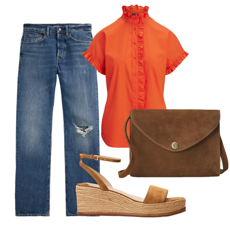 Outfit donna - La camicia arancione con volant. Stile Casual per Tutti i giorni. Abbinamento con borse a tracolla, jeans dritti, camicie a manica corta, espadrillas.