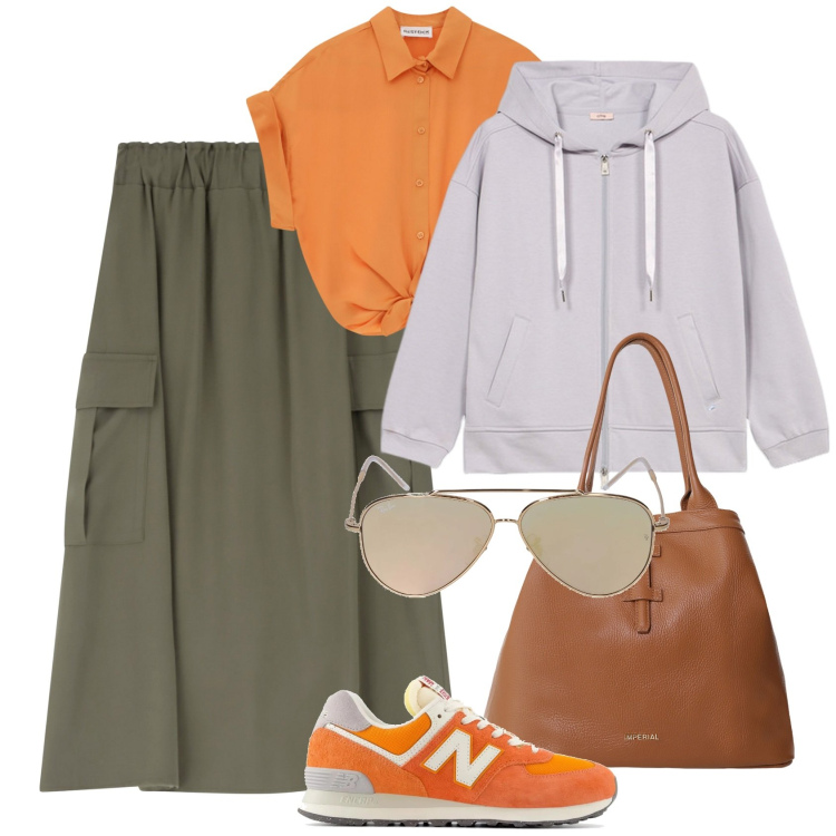 Outfit donna - La gonna cargo. Stile Sporty chic per Tutti i giorni. Abbinamento con sneakers, gonne lunghe, borse tote, camicie a manica corta, felpe con cappuccio, occhiali da sole.
