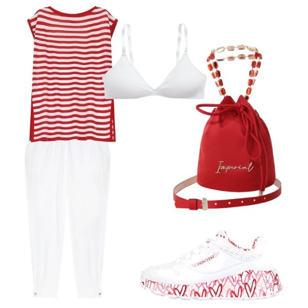 Outfit donna - rossore. Stile Basic per Tutti i giorni. Abbinamento con maglieria, borse a secchiello, reggiseni, sneakers, pantaloni.