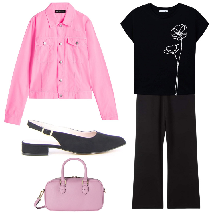 Outfit donna - Fiori stilizzati sulla t-shirt. Stile Basic per Tutti i giorni. Abbinamento con pantaloni, t-shirt, blazer, décolleté, borse a mano.