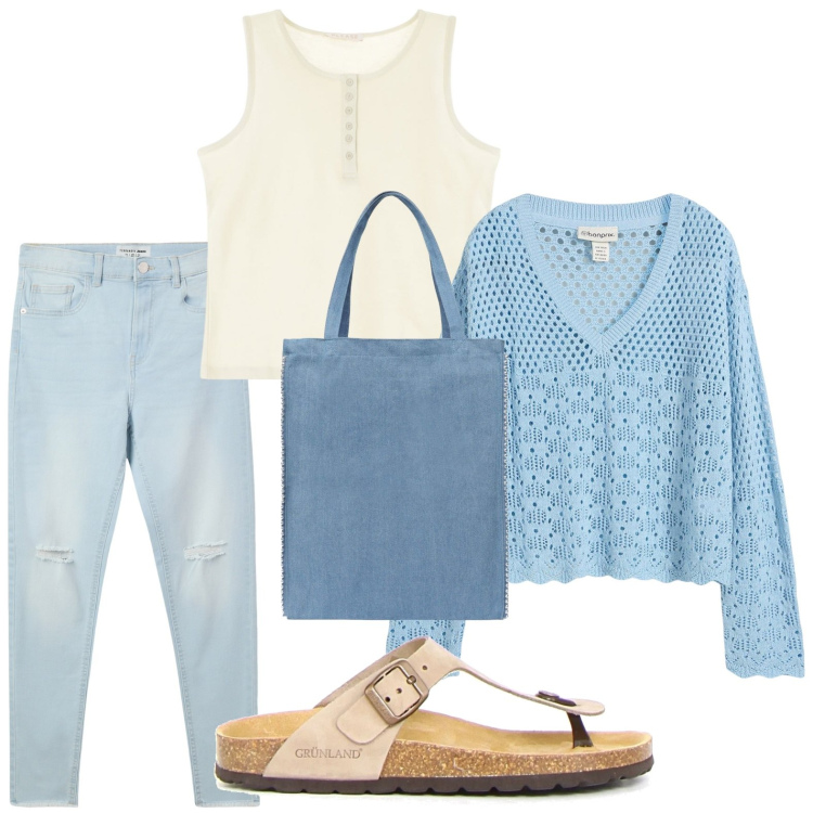 Outfit donna - Leggerezza e stile. Stile Minimal per Tutti i giorni. Abbinamento con maglieria, jeans strappati, borse tote, canottiere, infradito.