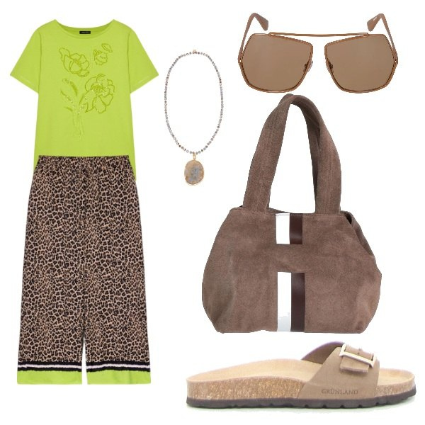 Outfit donna - ore 7.00 al mercato. Stile Trendy per Tutti i giorni. Abbinamento con borse a mano, pantaloni, t-shirt, ciabatte, occhiali da sole, ciondoli.