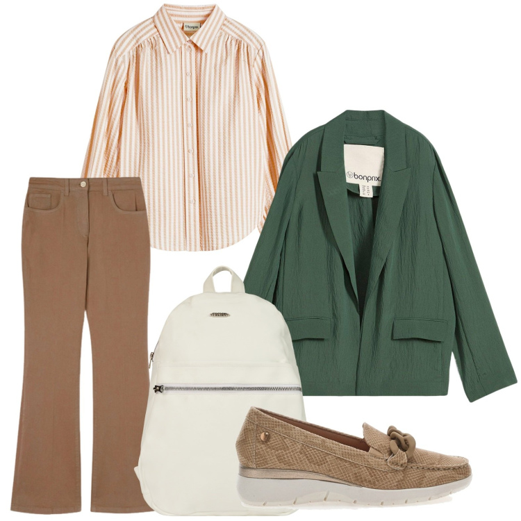 Outfit donna - Lo zaino sportivo. Stile Minimal per Scuola/Università. Abbinamento con camicie, blazer, zaini, mocassini, pantaloni.