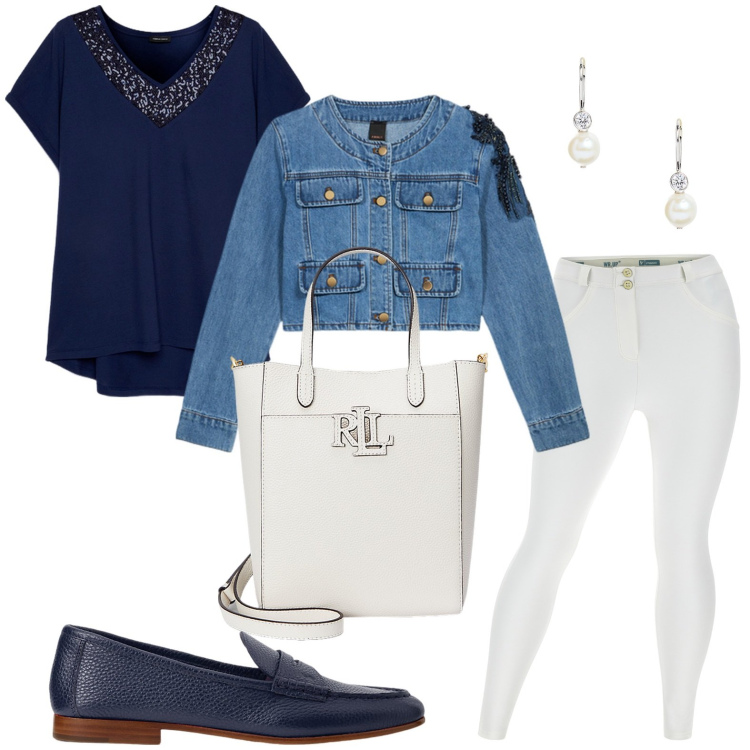 Outfit donna - Denim con dettagli. Stile Glamour per Tutti i giorni. Abbinamento con pantaloni skinny, mocassini, orecchini, borse tote, bluse, blazer.