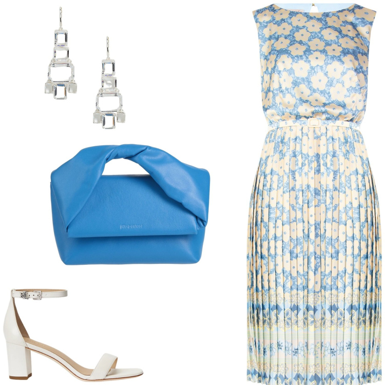 Outfit donna - Speciale Mini Bag - Cerimonia. Stile Chic per Cerimonia. Abbinamento con borse a mano, vestiti midi/longuette, sandali in pelle, orecchini.