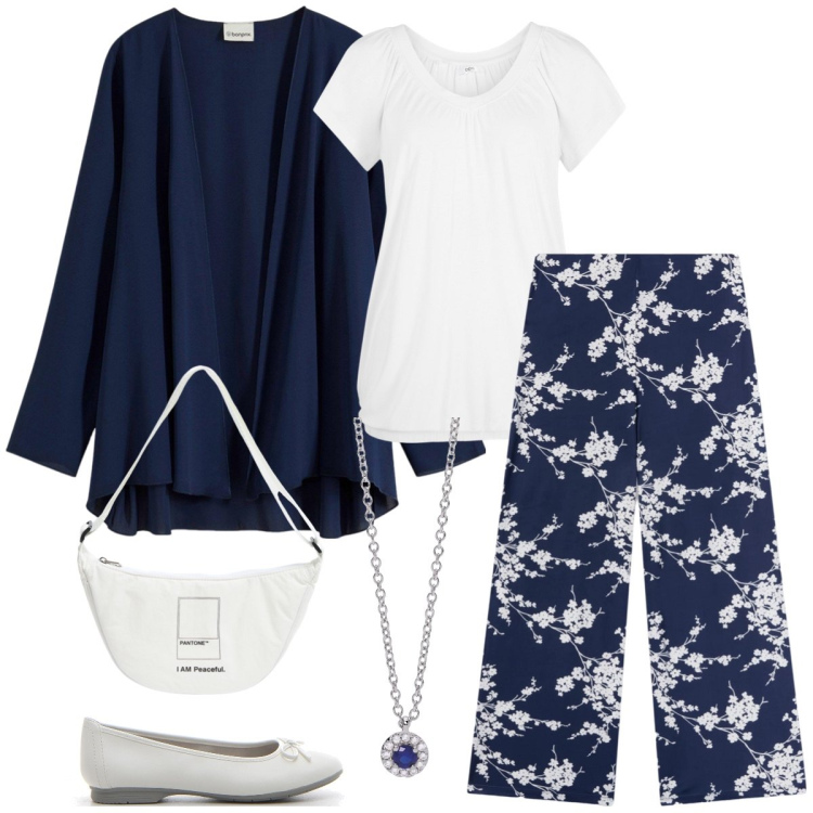Outfit donna - Comoda. Stile Romantica per Tutti i giorni. Abbinamento con blazer, t-shirt, pantaloni, marsupi, collane, ballerine.