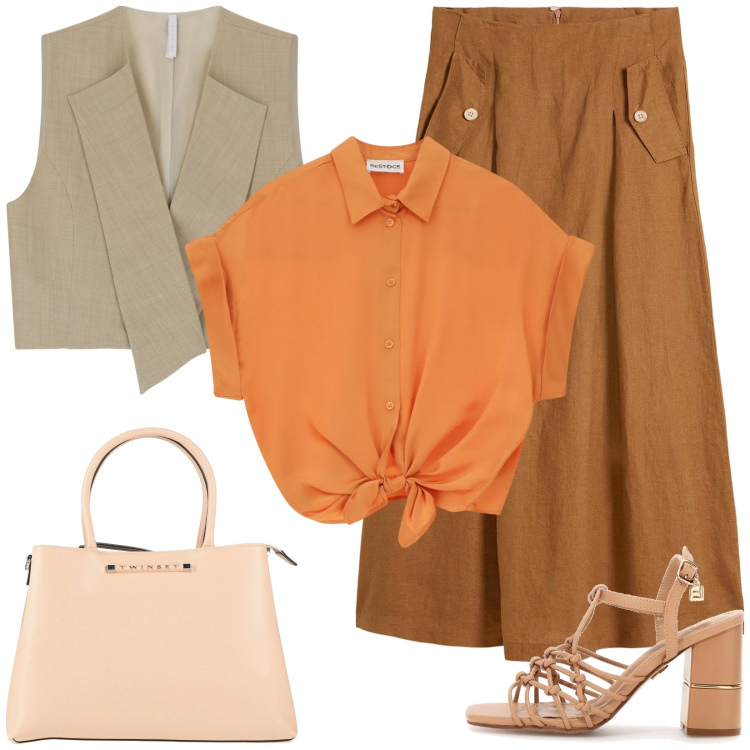 Outfit donna - Total look ufficio. Stile Casual chic per Ufficio. Abbinamento con borse a mano, gonne, camicie a manica corta, gilet, sandali col tacco.