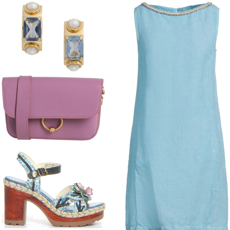 Outfit donna - Abito in lino. Stile Casual chic per Tutti i giorni. Abbinamento con vestiti corti, borse a tracolla, orecchini, sandali col tacco.