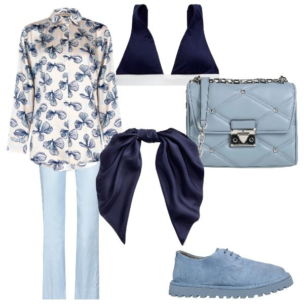 Outfit donna - giornata coi fiocchi. Stile Sporty chic per Tutti i giorni. Abbinamento con scarpe stringate, borse a tracolla, pantaloni, camicie, top, foulard.