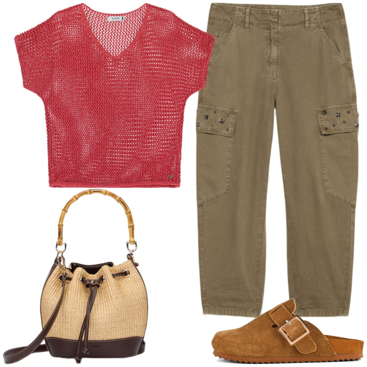 Outfit donna - Giornata informale. Stile Casual per Tutti i giorni. Abbinamento con maglieria, sabot, pantaloni cargo, borse a secchiello.