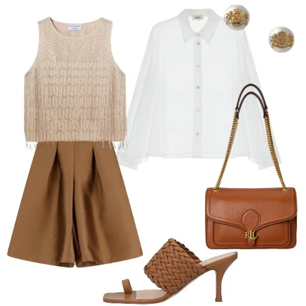 Outfit donna - il bermuda anche la sera. Stile Bon Ton per Serata fuori. Abbinamento con ciabatte, orecchini, borse a spalla, bermuda, shorts, top.