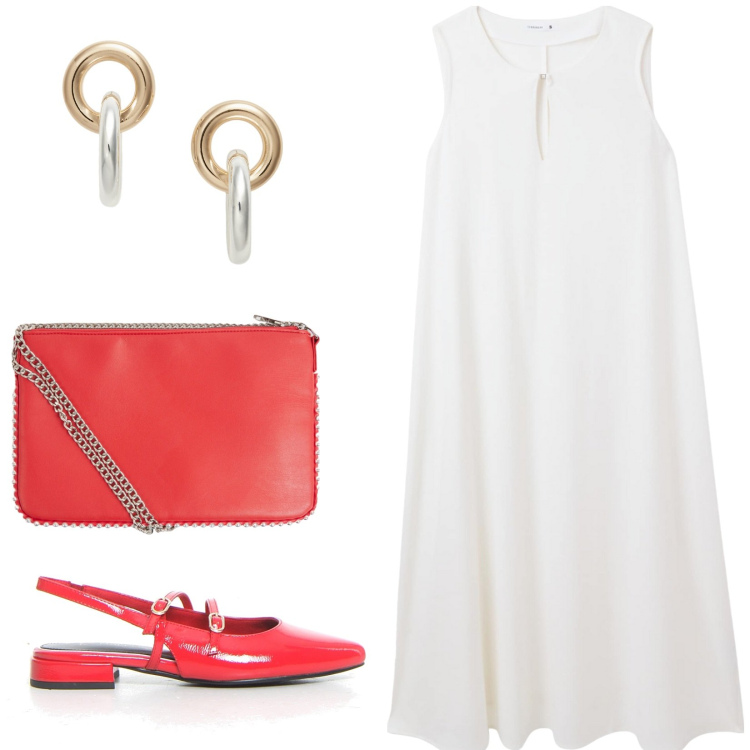 Outfit donna - Tubino bianco. Stile Casual per Tutti i giorni. Abbinamento con vestiti lunghi, borse a tracolla, orecchini, sandali in pelle.