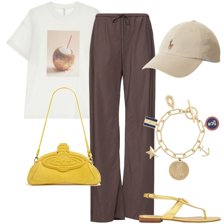 Outfit donna - Una mini bag per tutti i giorni. Stile Minimal per Tutti i giorni. Abbinamento con t-shirt, cappelli, sandali in pelle, braccialetti con ciondoli, clutch, pantaloni.