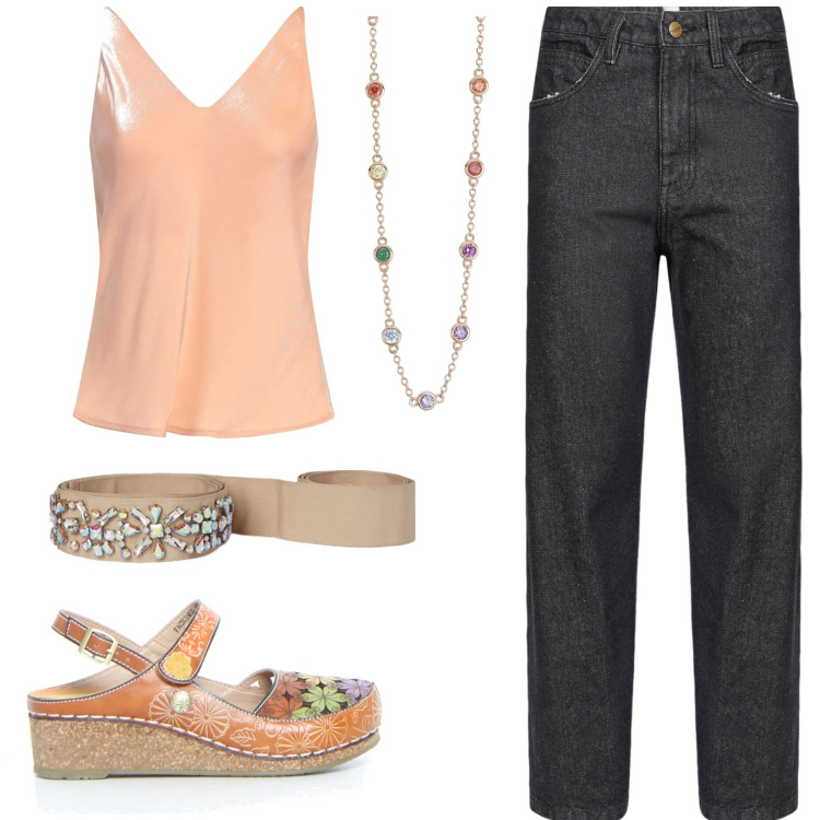 Outfit donna - Canotta e jeans. Stile Glamour per Tutti i giorni. Abbinamento con top, collane, pantaloni, cinture, sandali.