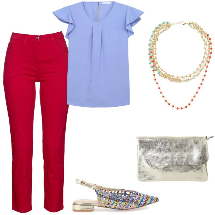 Outfit donna - Un po anni \'80. Stile Casual chic per Tutti i giorni. Abbinamento con pantaloni, bluse, collane, borse a tracolla, ballerine.