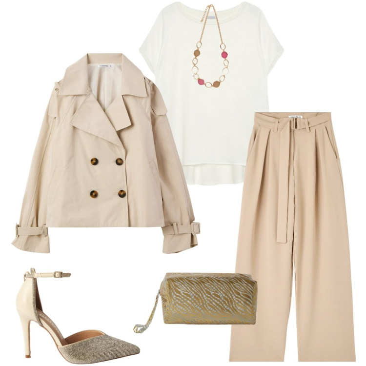 Outfit donna - Comunione a maggio. Stile Casual chic per Cerimonia. Abbinamento con décolleté, pantaloni, trench, pochette, collane, bluse.