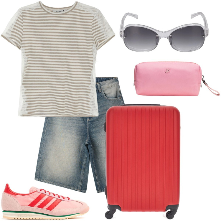 Outfit donna - In viaggio. Stile Casual per Tutti i giorni. Abbinamento con bermuda, t-shirt, pochette, sneakers, occhiali da sole, valigie.