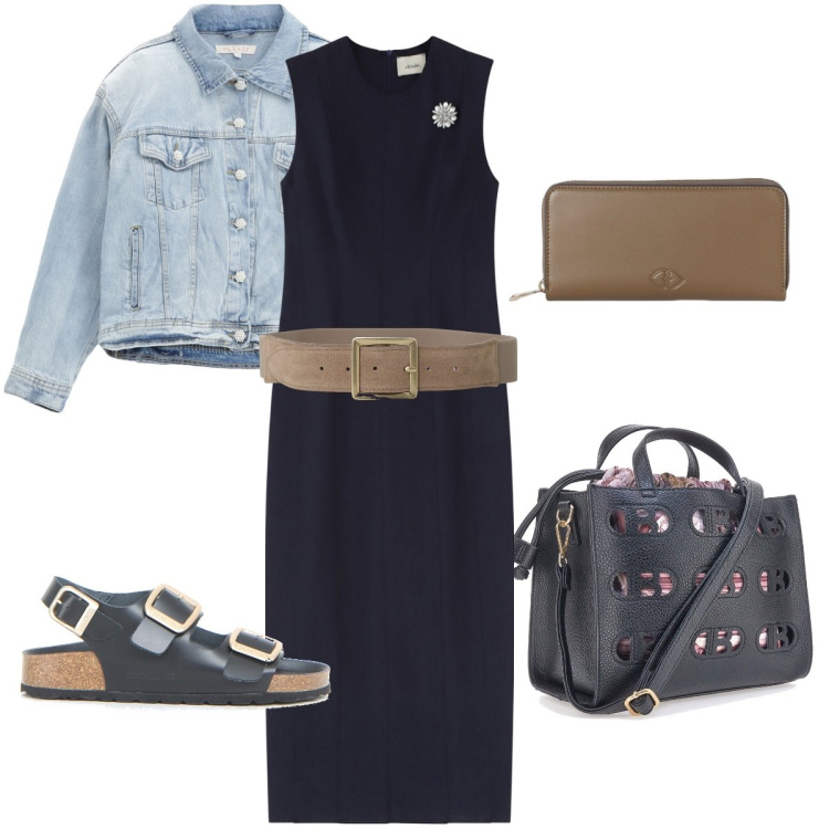 Outfit donna - In giro per commissioni. Stile Casual chic per Tutti i giorni. Abbinamento con blazer, vestiti midi/longuette, cinture, borse a mano, sandali, portafogli.