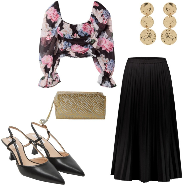 Outfit donna - Comunione a maggio. Stile Chic per Cerimonia. Abbinamento con sabot, bluse, pochette, gonne lunghe, orecchini.