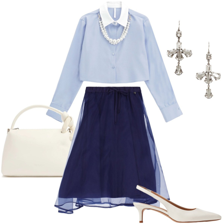 Outfit donna - La camicia bon ton. Stile Bon Ton per Cerimonia. Abbinamento con camicie, décolleté, orecchini, gonne longuette, borse a spalla.