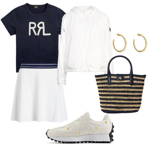 Outfit donna - anche se piove. Stile Casual chic per Tutti i giorni. Abbinamento con blazer, sneakers, t-shirt, borse tote, minigonne, orecchini.
