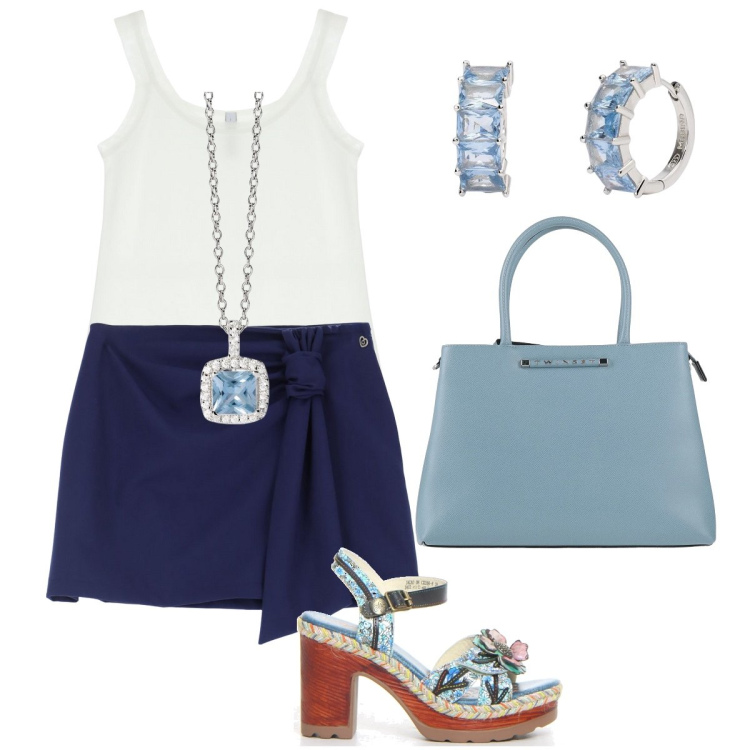 Outfit donna - I sandali con plateau. Stile Preppy per Serata fuori. Abbinamento con borse a mano, collane, orecchini, minigonne, canottiere, sandali col tacco.