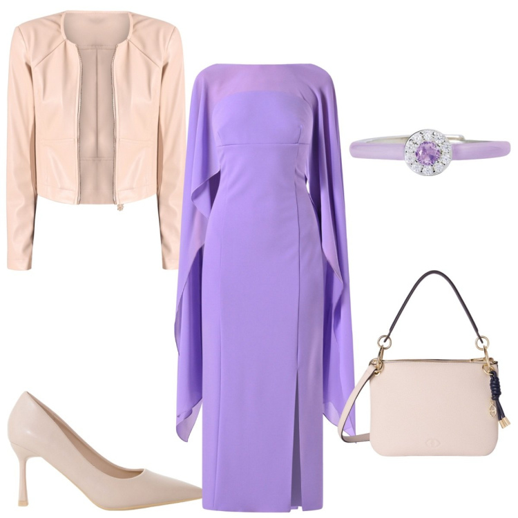 Outfit donna - Glicine fiore romantico. Stile Romantica per Cerimonia. Abbinamento con décolleté, anelli, blazer, vestiti midi/longuette, giacche, borse a tracolla.