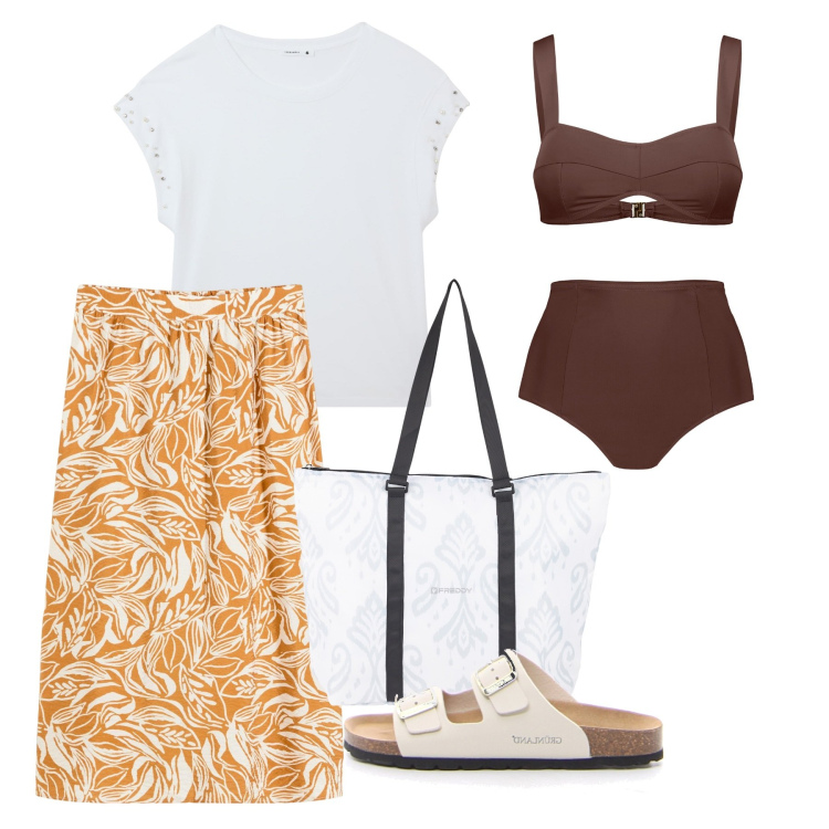 Outfit donna - Summer. Stile Basic per Tutti i giorni. Abbinamento con gonne longuette, t-shirt, shopping bag, bikini, ciabatte.
