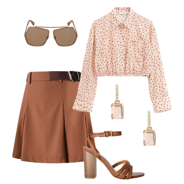 Outfit donna - Browny. Stile Vintage retrò per Tutti i giorni. Abbinamento con minigonne, camicie, orecchini, occhiali da sole, sandali col tacco.