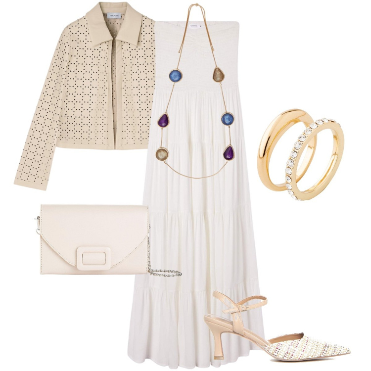 Outfit donna - Un abito versatile. Stile Romantica per Serata fuori. Abbinamento con anelli, pochette, vestiti lunghi, collane, blazer, sandali col tacco.