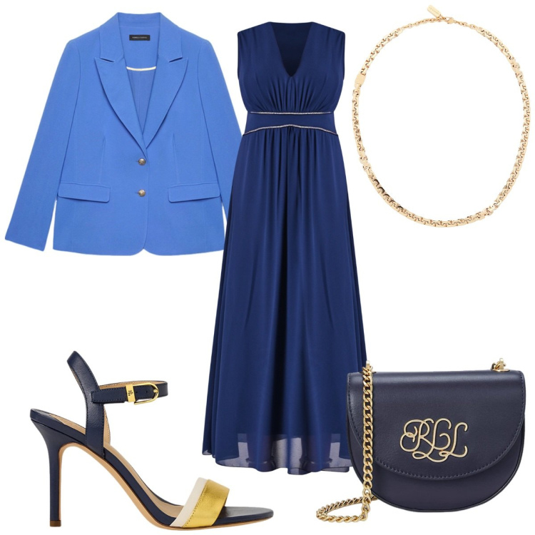 Outfit donna - Total look #2126459. Stile Glamour per Cerimonia. Abbinamento con collane, vestiti lunghi, borse a tracolla, sandali in pelle, blazer.