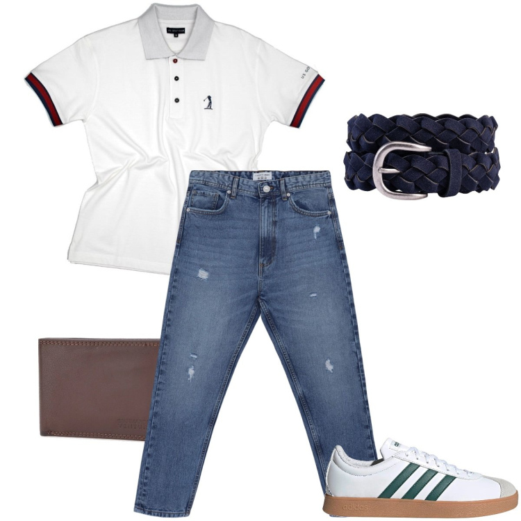Outfit uomo - Con le Adidas. Stile Urban per Tutti i giorni. Abbinamento con jeans strappati, portafogli, cinture, sneakers, polo.