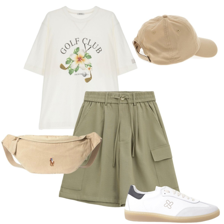 Outfit uomo - Al golf club. Stile Trendy per Sport. Abbinamento con t-shirt, sneakers, bermuda, borse sportive, cappelli.
