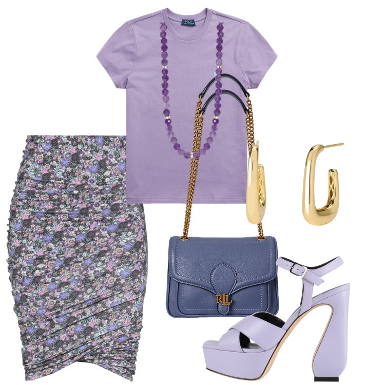 Outfit donna - Maggio. Stile Chic per Tutti i giorni. Abbinamento con sandali in pelle, minigonne, collane, orecchini, t-shirt, borse a spalla.