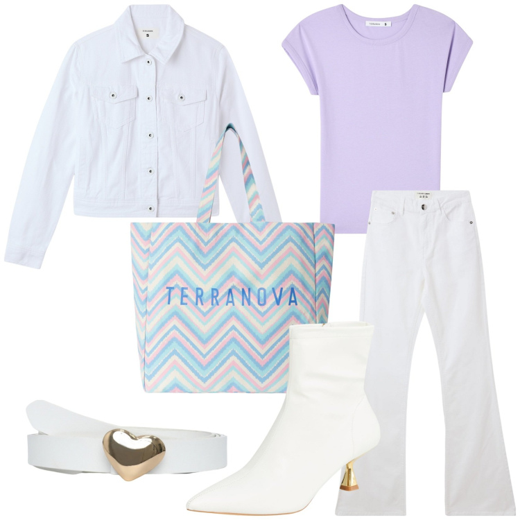 Outfit donna - Terranova Total look. Stile Casual per Tutti i giorni. Abbinamento con t-shirt, jeans a zampa, stivaletti, cinture, blazer, borse tote.