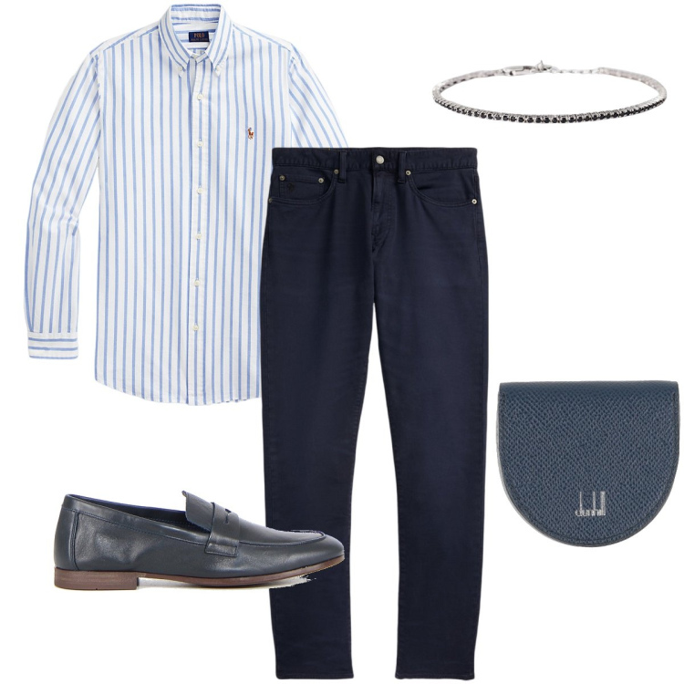Outfit uomo - Elegante in blu. Stile Business/Elegante per Serata speciale. Abbinamento con portamonete, braccialetti, camicie, pantaloni chino, scarpe stringate.