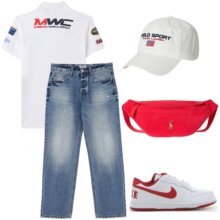 Outfit uomo - Passeggiata in relax. Stile Casual per Tutti i giorni. Abbinamento con polo, jeans, borse sportive, berretti, sneakers.