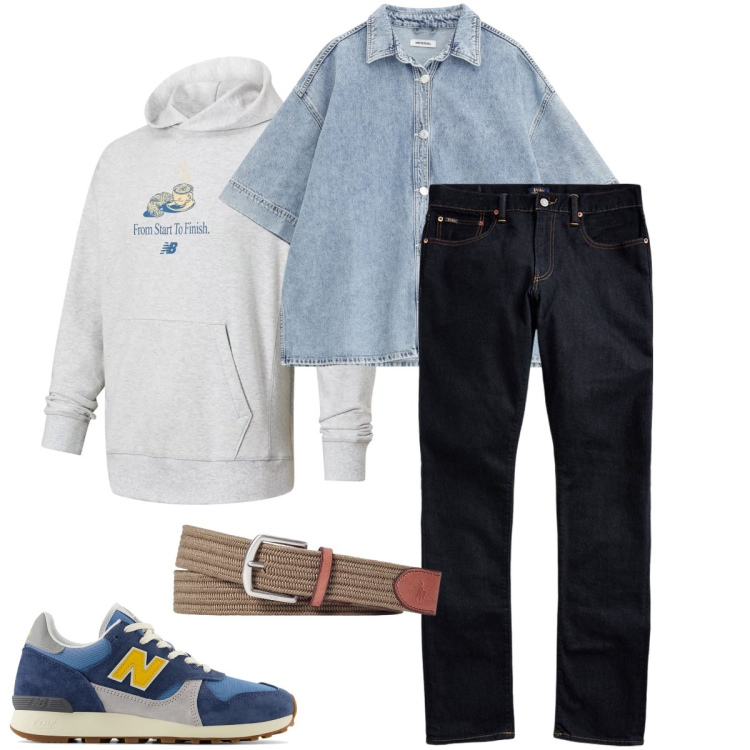 Outfit uomo - Non solo denim. Stile Urban per Tutti i giorni. Abbinamento con felpe con cappuccio, sneakers, camicie a manica corta, cinture, jeans.