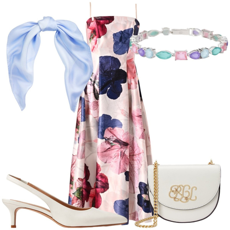 Outfit donna - Total look #2126488. Stile Romantica per Cerimonia. Abbinamento con braccialetti, décolleté, borse a tracolla, foulard, vestiti midi/longuette.