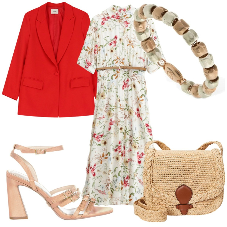 Outfit donna - Total look #2126501. Stile Romantica per Cerimonia. Abbinamento con sandali col tacco, vestiti midi/longuette, blazer, borse a tracolla, anelli.