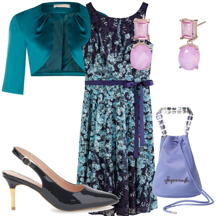 Outfit donna - Total look #2126503. Stile Glamour per Cerimonia. Abbinamento con vestiti, orecchini, bolero, borse a secchiello, décolleté.