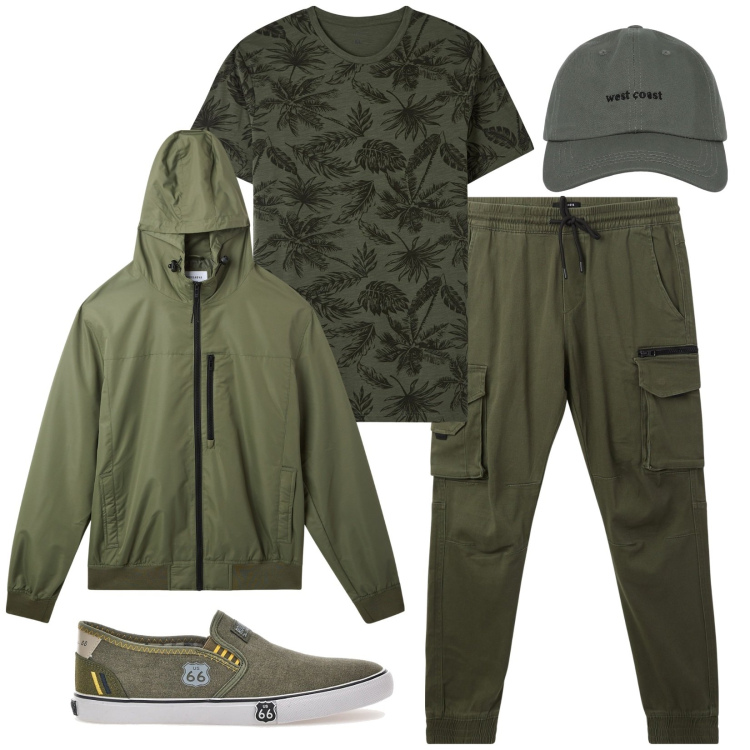 Outfit uomo - Safari in verde. Stile Casual per Tutti i giorni. Abbinamento con t-shirt, cappelli con visiera, pantaloni cargo, giacche, sneakers.