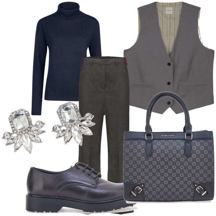 Outfit donna - Ufficio maschile ma al femminile. Stile Mannish per Ufficio. Abbinamento con orecchini, borse a tracolla, scarpe stringate, pantaloni, gilet, maglieria.