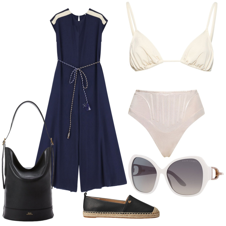 Outfit donna - Tuta da amare. Stile Bon Ton per Mare. Abbinamento con tute, occhiali da sole, borse a secchiello, espadrillas, bikini, bikini.