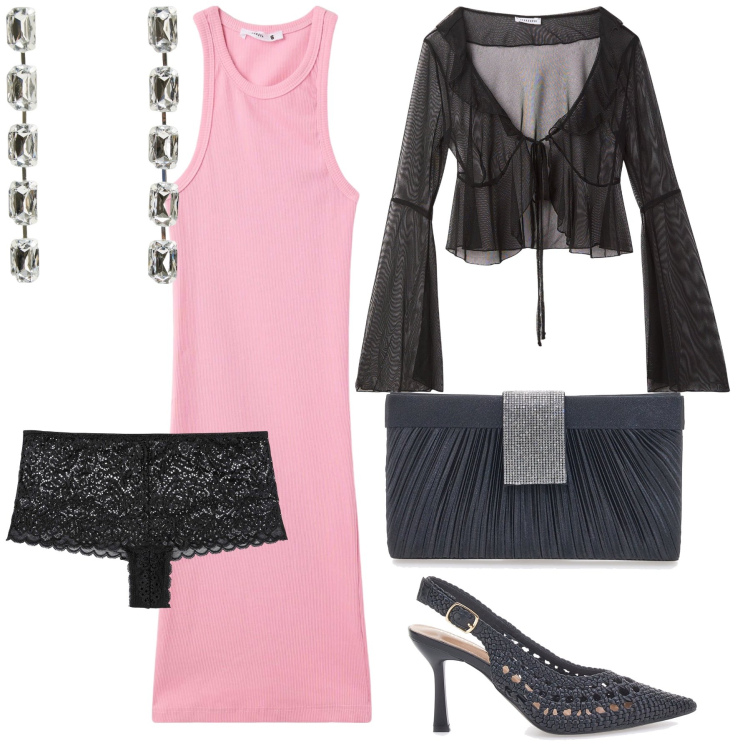 Outfit donna - Serata wow con spesa contenuta. Stile Glamour per Serata fuori. Abbinamento con culotte, bolero, vestiti corti, orecchini, décolleté, pochette.