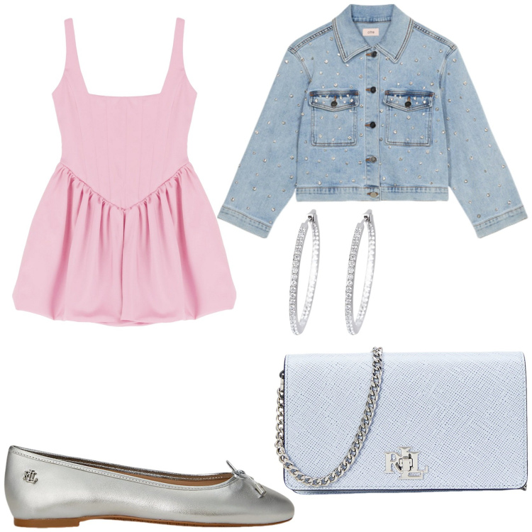 Outfit donna - Brillare in discoteca. Stile Chic per Serata fuori. Abbinamento con orecchini, vestiti corti, ballerine, borse a tracolla, blazer.