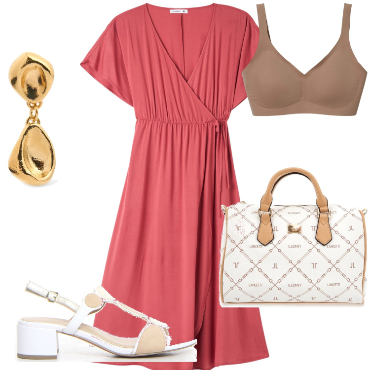 Outfit donna - Un abito per la città. Stile Urban per Tutti i giorni. Abbinamento con reggiseni, vestiti lunghi, borse a mano, orecchini, sandali col tacco.