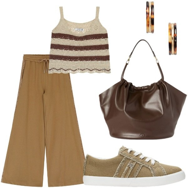 Outfit donna - Il top in maglia. Stile Casual per Tutti i giorni. Abbinamento con top, pantaloni, orecchini, sneakers, borse a secchiello.