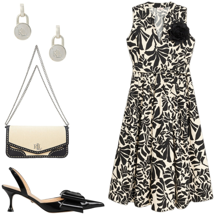 Outfit donna - Cerimonia in beige e nero. Stile Chic per Cerimonia. Abbinamento con décolleté, orecchini, borse a spalla, vestiti midi/longuette.